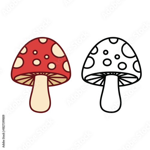 Vibrant cartoon fly agaric mushroom with red cap, cream spots, and brown gills, paired with its outline version for coloring. isolated vector for kids' activities and nature themes.