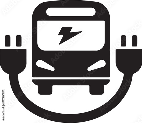Black and white icon of an electric bus charging with power plugs
