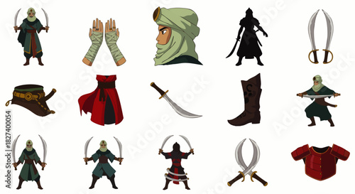 A collection of stylized illustrations depicting Middle Eastern warriors, weaponry, and traditional garments, perfect for historical or cultural design projects.
