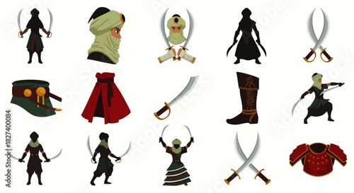 A collection of stylized illustrations depicting Middle Eastern warriors, swords, and related cultural elements, perfect for design projects.