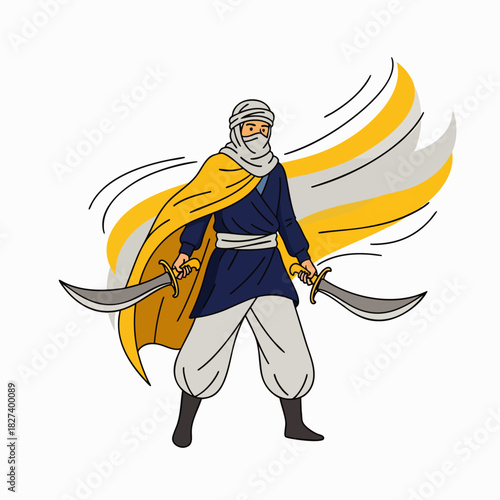 An illustration of a warrior with two swords, wearing a turban and cloak, ready for battle, set against a dynamic background of yellow and grey.