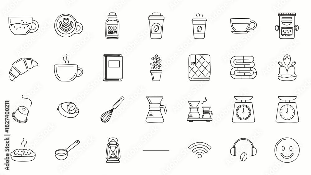 Fototapeta premium Collection of coffee-related icons, including cups, beans, brewing equipment, and pastries, perfect for cafe menus and design projects.