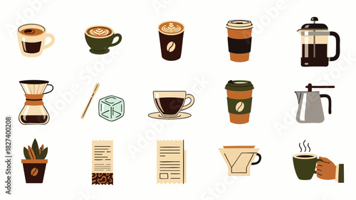 A vibrant collection of coffee-related illustrations, showcasing various brewing methods and beverages, perfect for cafe menus and design projects.