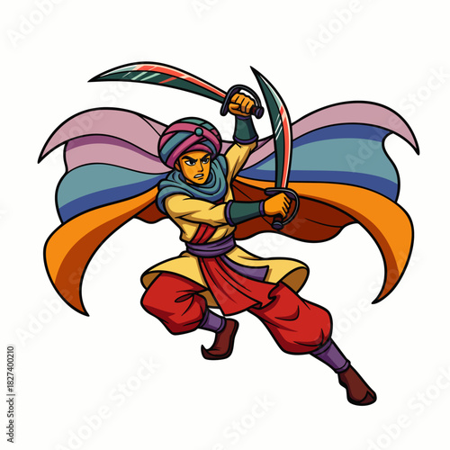 An illustrated depiction of a Middle Eastern warrior, brandishing two curved swords, clad in traditional garb, ready for action against a white backdrop.