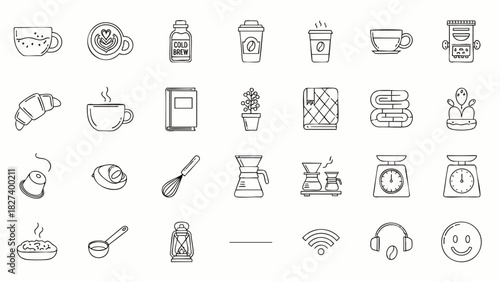 Collection of coffee-related icons, including cups, beans, brewing equipment, and pastries, perfect for cafe menus and design projects.