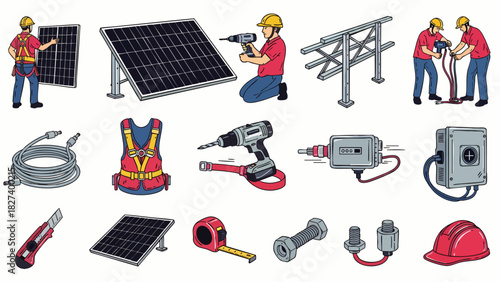 Solar panel installation showing workers assembling photovoltaic cells, with tools and equipment used in renewable energy projects for sustainable power.