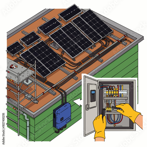 An illustration showcases the installation of solar panels on a building's rooftop, highlighting electrical connections and the control panel for energy management.