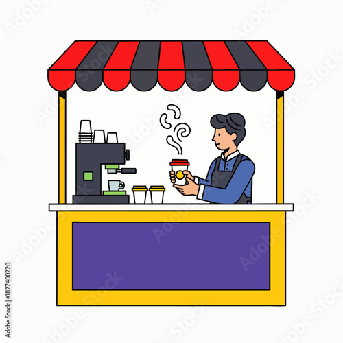 An illustration captures a barista at a coffee stall, preparing and serving a cup of coffee to a customer, offering a moment of warmth.