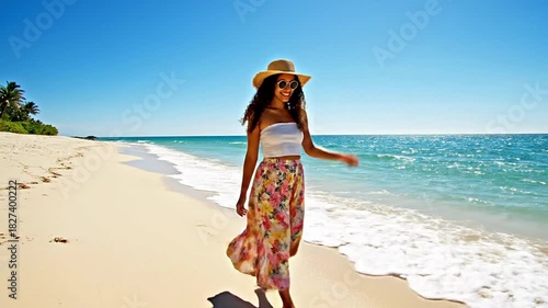 A beautiful young woman joyfully walks barefoot along a pristine tropical beach under a clear blue sky, enjoying a carefree vacation by the ocean.