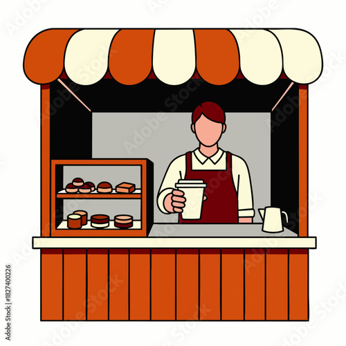 A friendly barista serves coffee from a charming street-side cafe, offering fresh pastries and a welcoming atmosphere to customers.