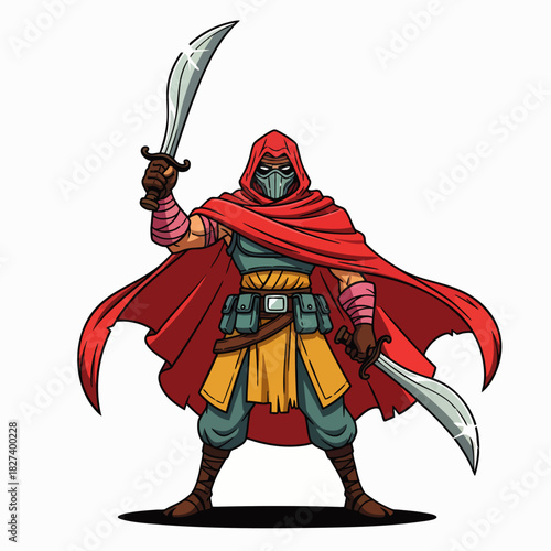 A fierce warrior stands ready for battle, wielding two curved swords and wearing a red cloak, prepared to defend against any threat.