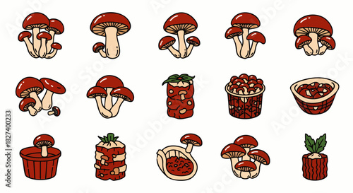 A vibrant collection of illustrated mushrooms, showcasing various shapes and sizes with a detailed, artistic style, perfect for design.