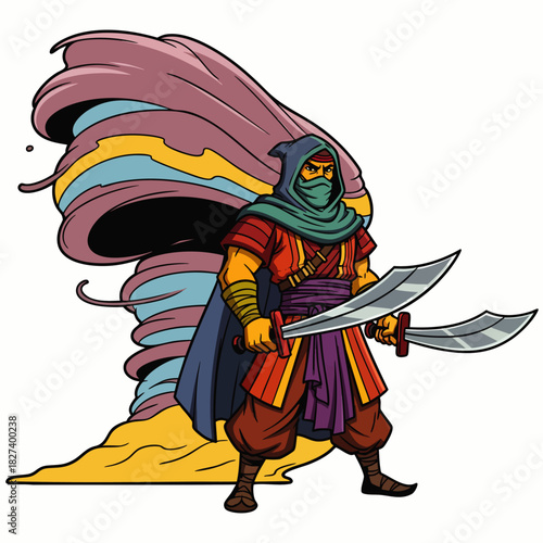 A fierce warrior, clad in vibrant attire, brandishes two curved blades, standing before a swirling vortex of colorful energy ready for battle.