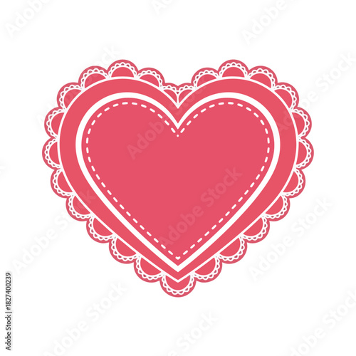 Pink decorative heart symbol with a delicate scalloped lace-like border and charming stitched accents, perfect for conveying love, romance, and special celebrations on a white background.