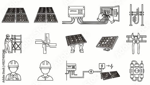 Illustrative depiction of solar panel installation, showcasing workers and equipment used to harness renewable energy for sustainable power generation.