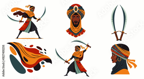 A set of stylized illustrations depicting Middle Eastern warriors with turbans, swords, and dynamic action poses, perfect for historical or cultural themes.