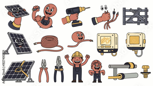 A collection of cartoon illustrations showcasing solar panels, tools, and happy workers, perfect for renewable energy and sustainable living projects.