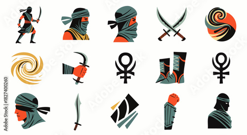 A collection of stylized illustrations featuring warriors, abstract symbols, and various design elements on a white background, perfect for graphic design.