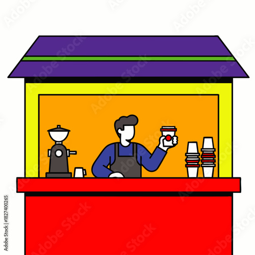 A barista at a vibrant coffee stand prepares a takeaway coffee, offering a moment of refreshment and a taste of the daily routine.