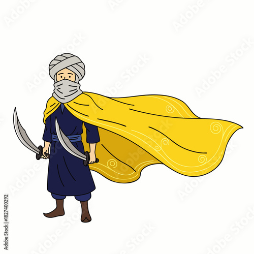 An illustrated depiction of a masked warrior, clad in a turban and flowing cape, holding two curved swords, ready for action.