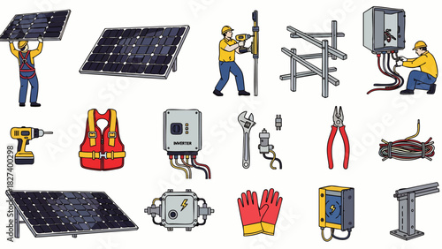 Illustration showing solar panel installation with workers, equipment, and components, highlighting renewable energy and sustainable practices for a greener future.