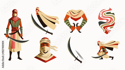 Illustration of an Arabian warrior with a curved sword, showcasing traditional attire and elements of Middle Eastern culture, perfect for design needs.