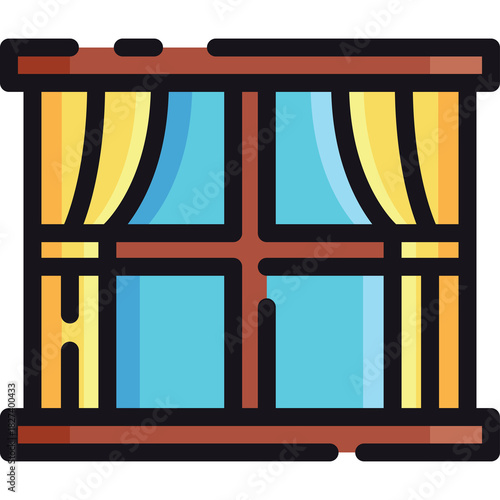 Stylized illustration of a brown window frame with yellow curtains and blue panes set against a transparent background representing indoor interior view