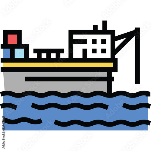 Stylized Illustration of a Cargo Ship with Containers and Crane Sailing on Wavy Blue Water with a Red Blue Yellow and Gray Color Scheme and Transparent Background
