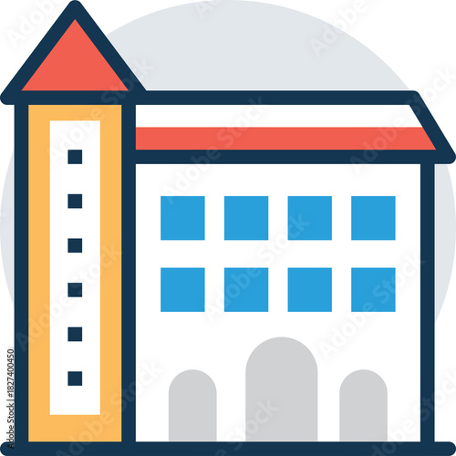 Stylized illustration of a building with a tower and multiple windows featuring a red roof and white facade against a gray circular background with a transparent background element