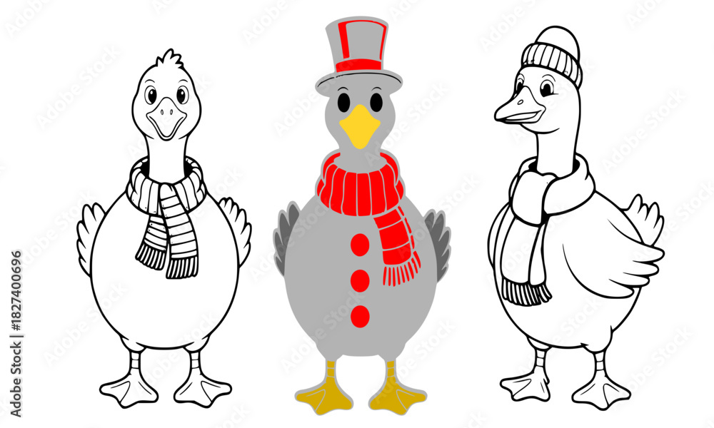 Obraz premium Set of Three Cute Cartoon Birds or Ducks Dressed in Winter Accessories, Featuring Line Art Outlines with a Snowman-Themed Center Bird in Gray and Red, Festive Holiday Characters, Vector Illustration