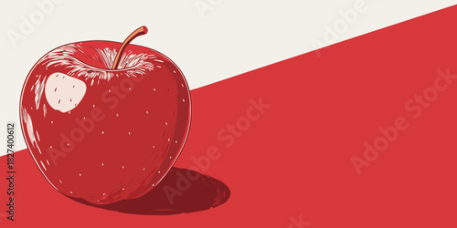 A shiny red apple with a stem, placed on a red surface against a split background of cream and red. The apple has a glossy highlight and subtle texture details, giving it a vibrant, polished look.