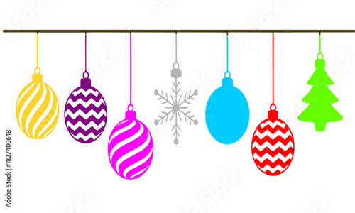 Colorful Hanging Christmas Decorations Banner with Various Ornaments, Including Striped and Chevron Baubles, a Snowflake, and a Christmas Tree Shape