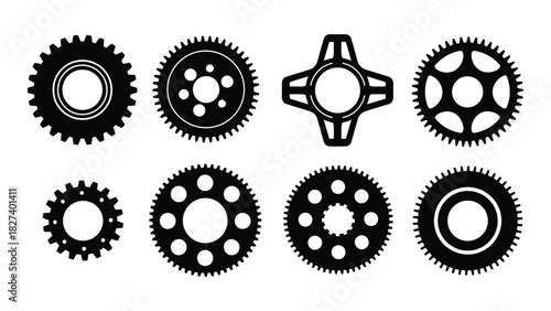 Gear and mechanical component silhouettes set isolated on white background, Vector