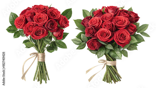 Red Rose Bouquets with Green Leaves on Transparent Background