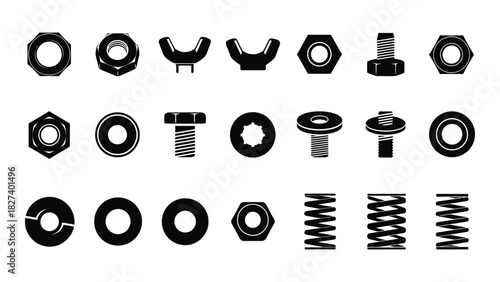 Fasteners and springs silhouette icons isolated on white background, Vector