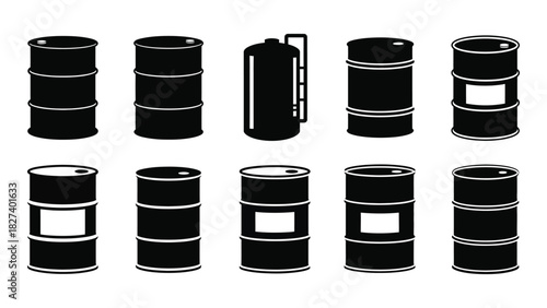 Industrial barrels and storage tank silhouettes isolated on white background, Vector