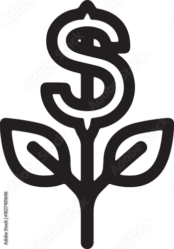 Black and white line icon of a dollar sign growing like a plant
