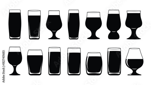 Collection of beverage glass silhouettes isolated on white background, Vector