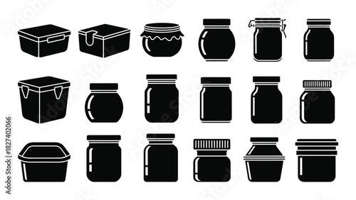 Collection of food containers and jars silhouettes isolated on white background, Vector