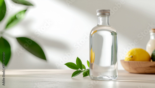 Clear bottle filled with liquid, lemon and leaves on a table, with blurred background.