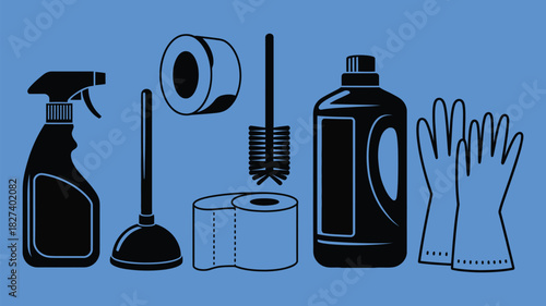collection of cleaning supplies and tools, including brooms, mops, sprays, brushes, gloves, and buckets, perfect for household chores, janitorial services, and vector illustration projects.