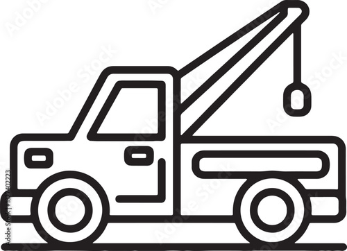 Simple black and white line art icon of a tow truck with a crane