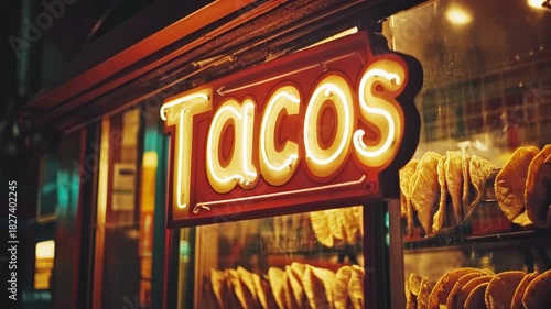 Vibrant Taco Shop Neon Sign Illuminating a Delicious Display of Traditional Mexican Cuisine