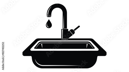 Dripping faucet and sink silhouette isolated on white background, Vector