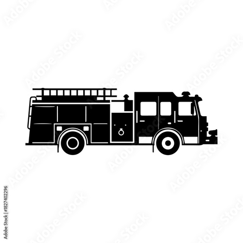 Black and white silhouette illustration of a classic fire truck with ladder on top
