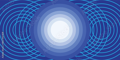 Abstract blue background with a glowing central orb and intersecting wave patterns on the sides.