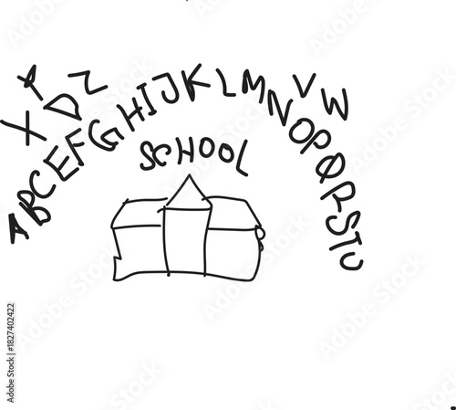 Child s drawing of a school with alphabet arching overhead in black and white