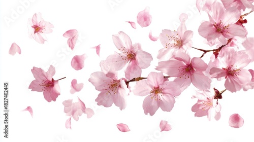 Clusters of pink cherry blossoms bloom vibrantly while soft petals drift down gracefully. This scene captures the beauty of spring and nature's elegance.