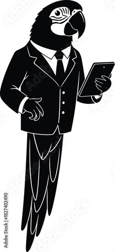 Anthropomorphic parrot in formal business suit holding tablet, cartoon bird character illustration, humorous corporate mascot artwork, professional communication and branding design