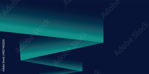 An abstract graphic of a folded teal and blue gradient ribbon twisting against a dark navy background.